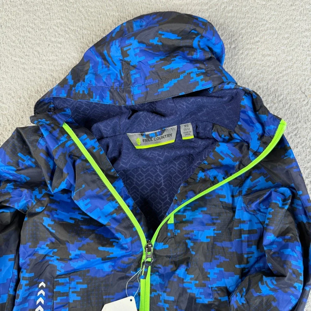 Free Country Jacket Boy XS 5/6 Blue Digital Camo Windshear Hood Fleece Lined Zip